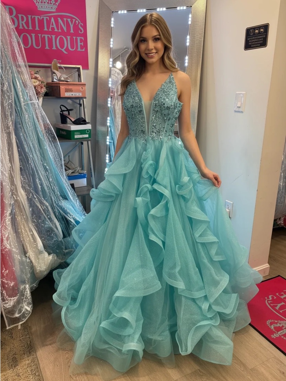 Aqua Ruffled Ball Gown Dress